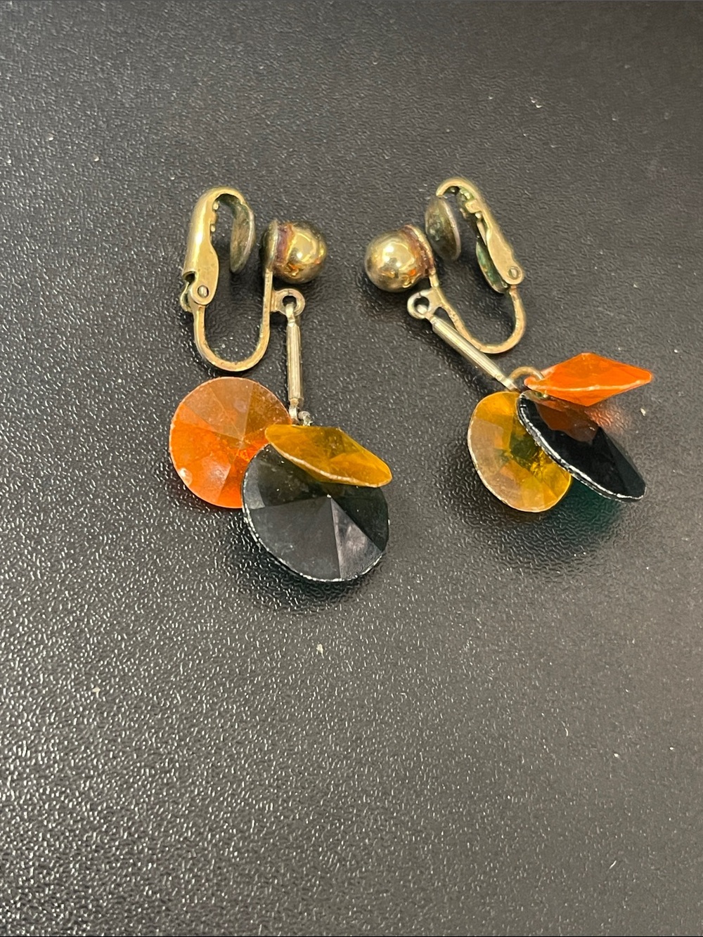 Vintage Clip-On Dangle Earrings in Orange, Yellow & Black